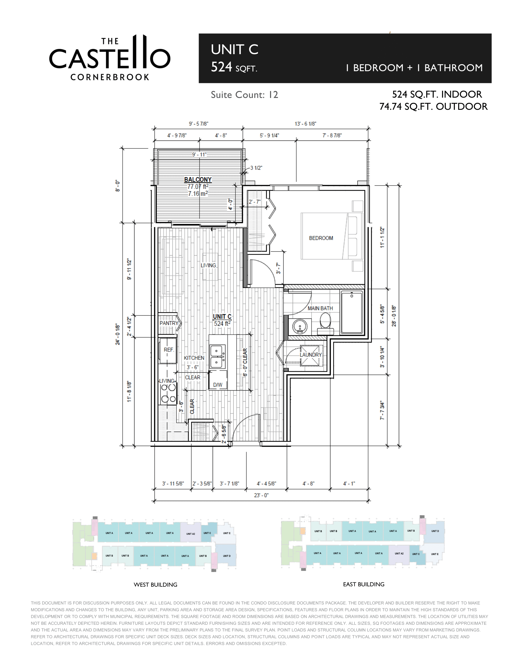 Unit C — 1 Bedroom + 1 Bathroom floor plan, 524 sq ft
